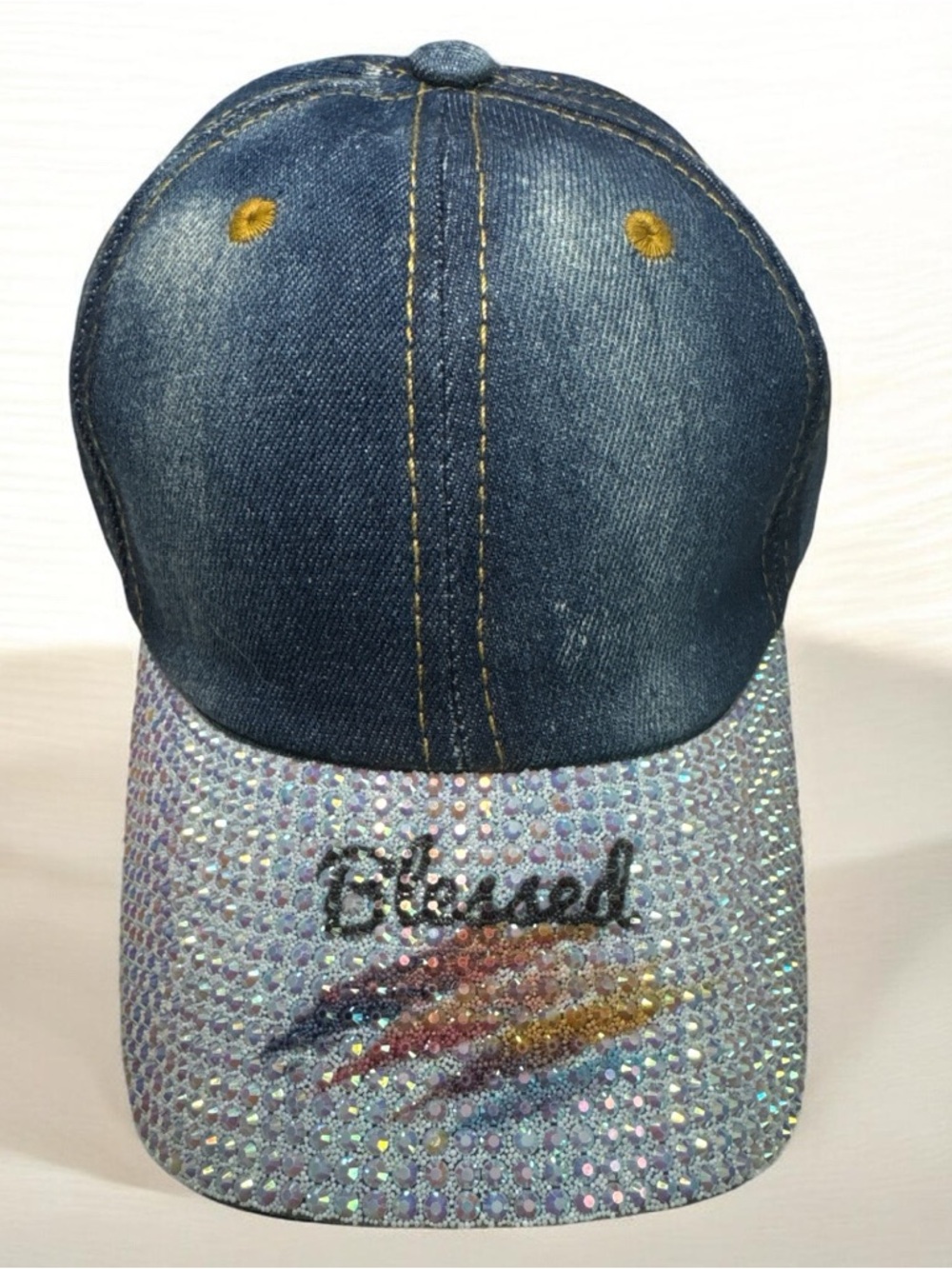 Denim Baseball Cap with Iridescent Rhinestone Brim “Blessed” Text